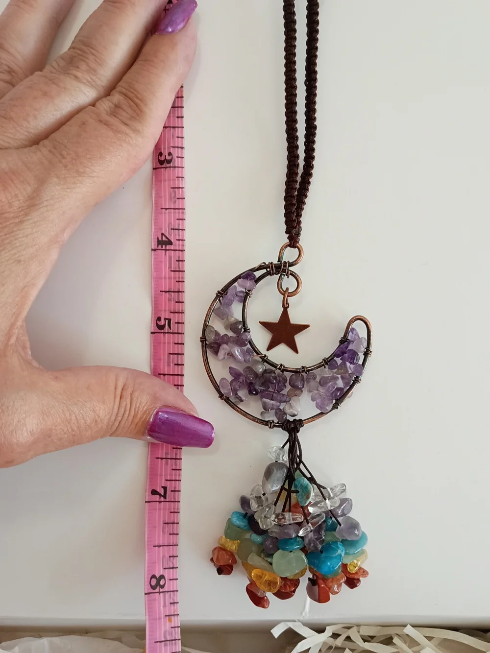 Bohemian Amethyst Moon Charm Hanger Necklace with Multicolor Gem Tassel Chakra